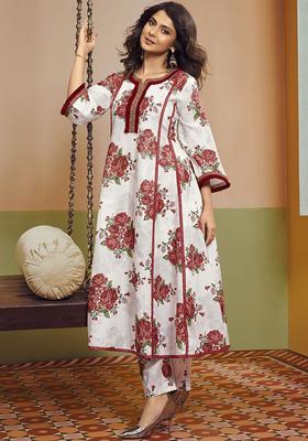 Off White Printed Viscose Kurta Set