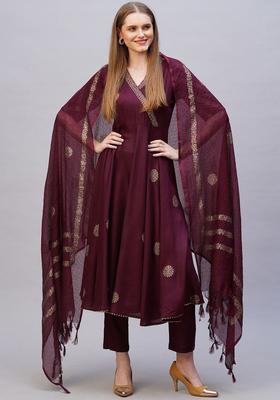 Maroon Printed Viscose Kurta Set