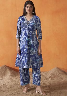 Navy Blue Printed Cotton Kurta Set