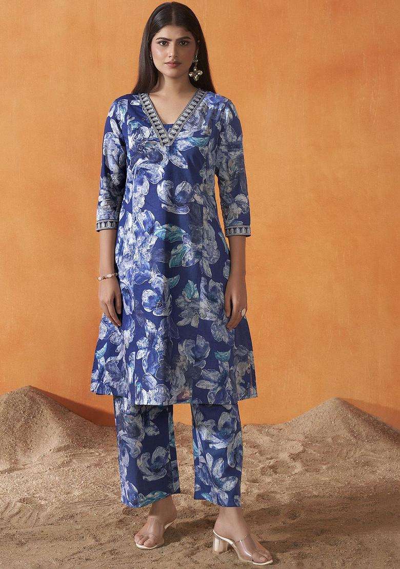 Navy Blue Printed Cotton Kurta Set - Indya