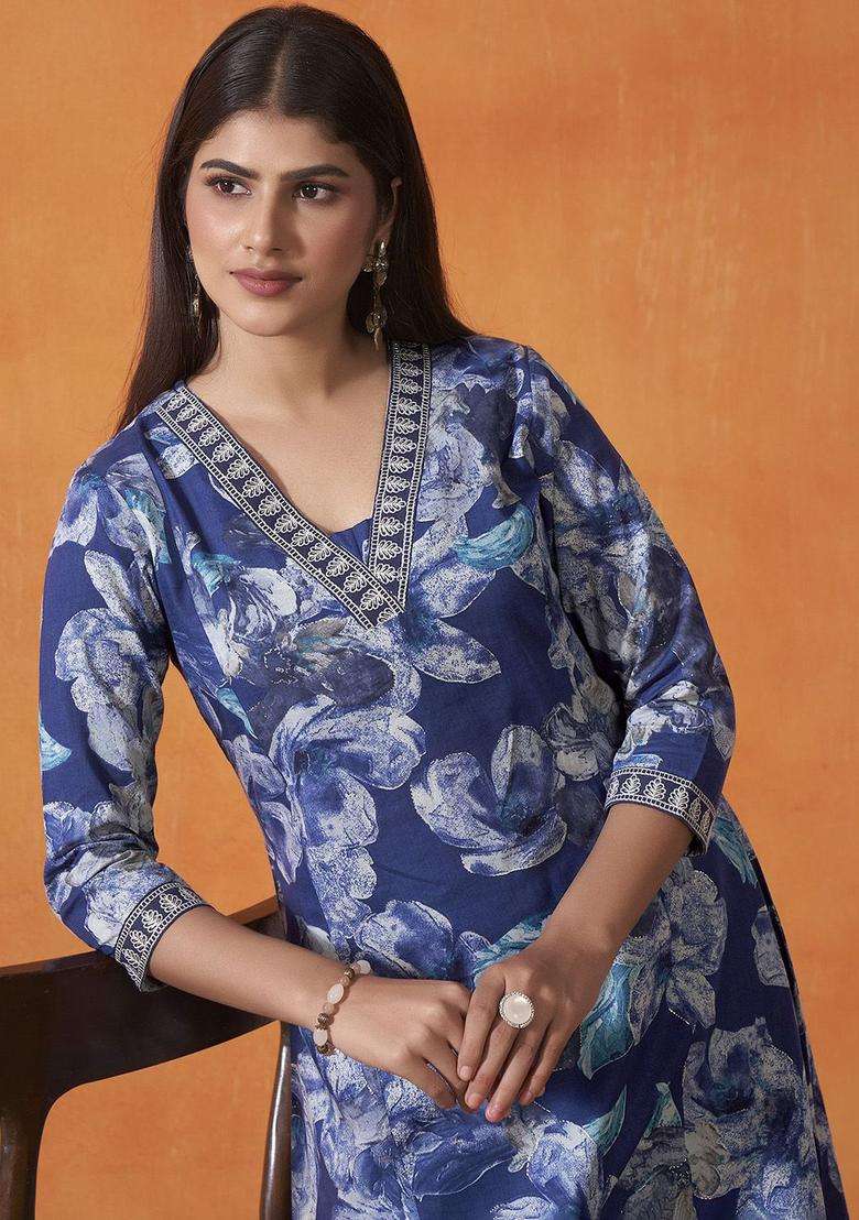 Navy Blue Printed Cotton Kurta Set - Indya