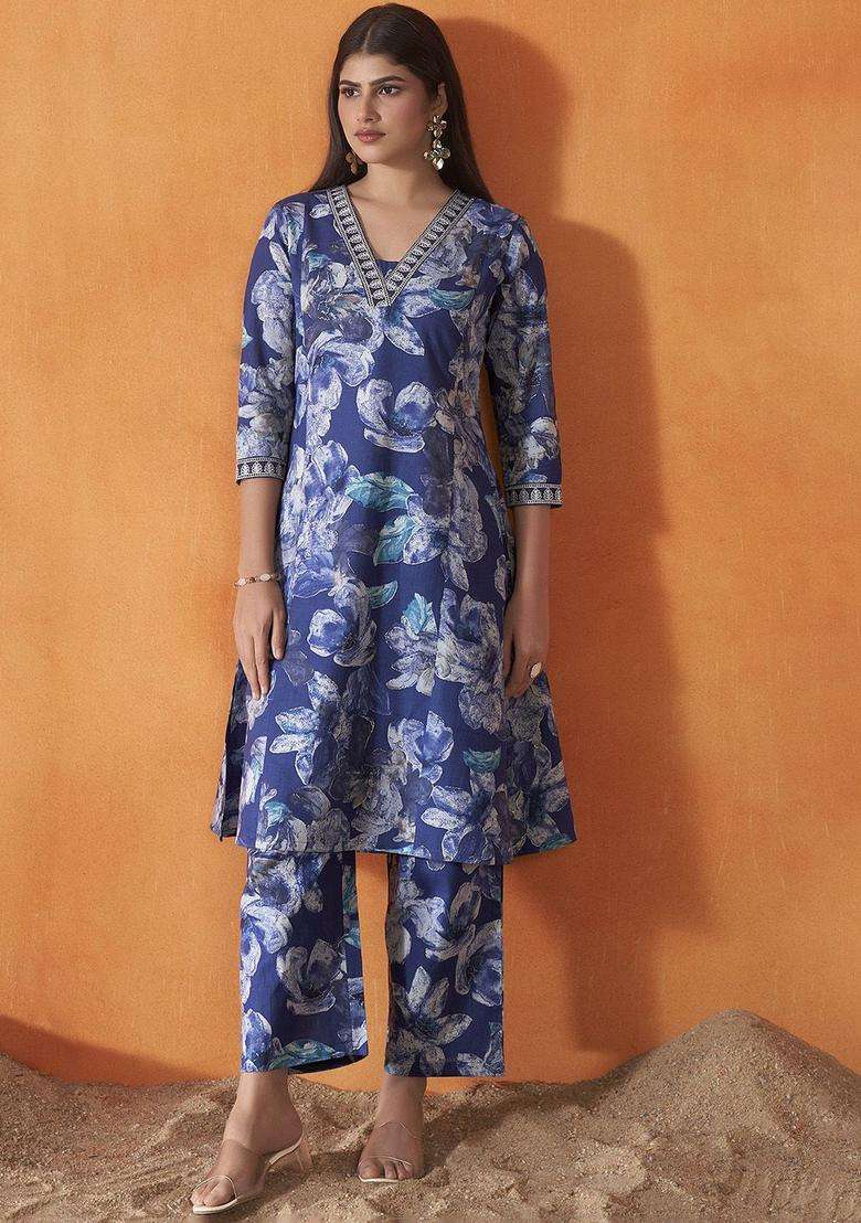 Navy Blue Printed Cotton Kurta Set - Indya