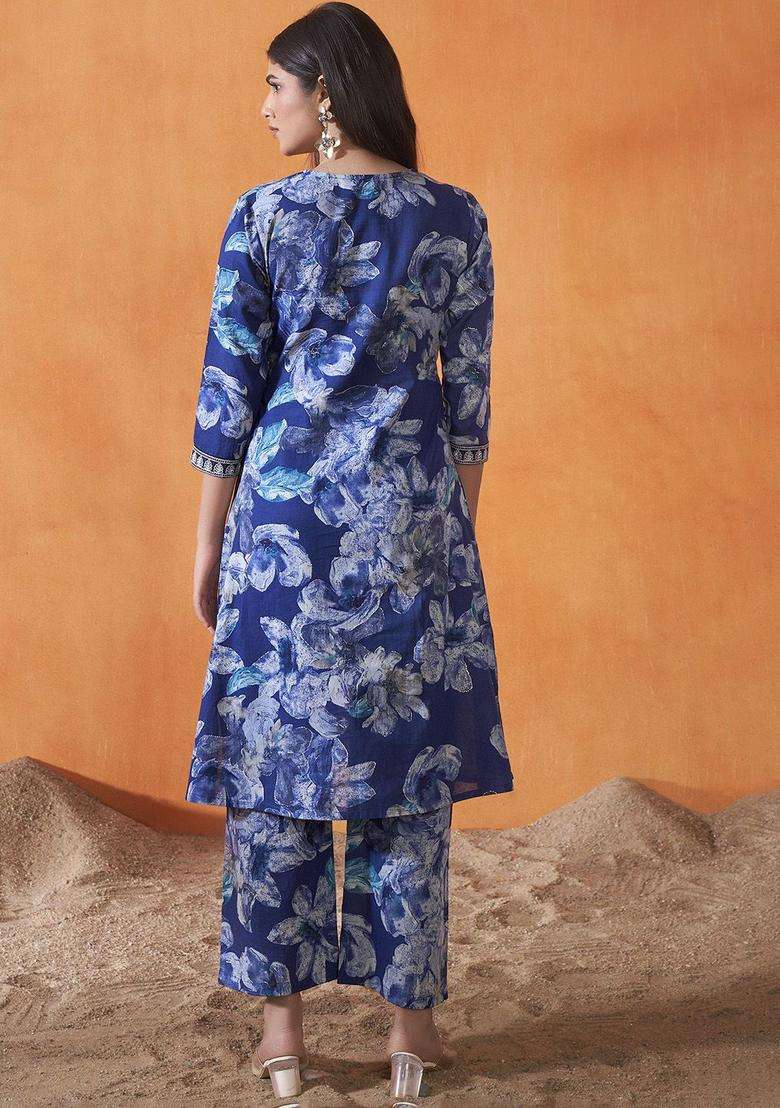 Navy Blue Printed Cotton Kurta Set - Indya