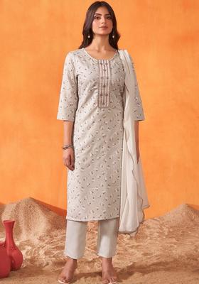 Beige Printed Cotton Kurta Set