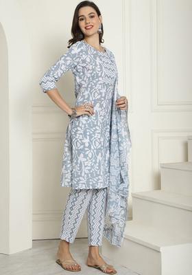 Grey Printed Cotton Kurta Set