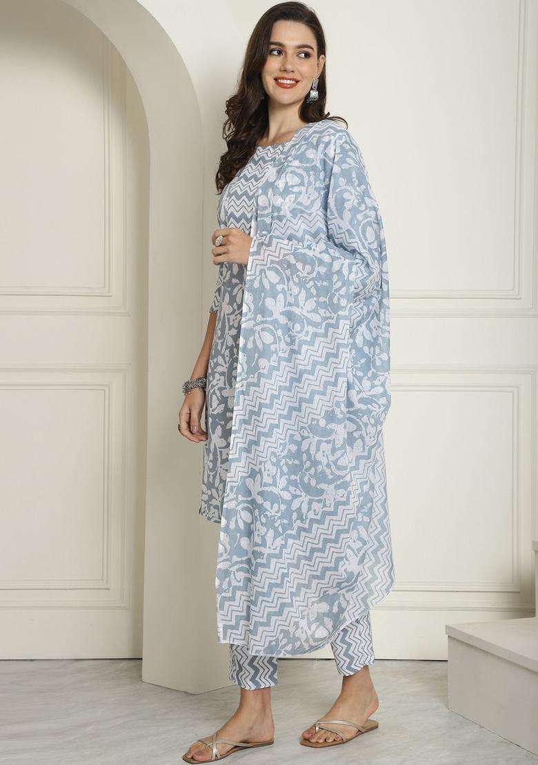 Grey Printed Cotton Kurta Set - Indya