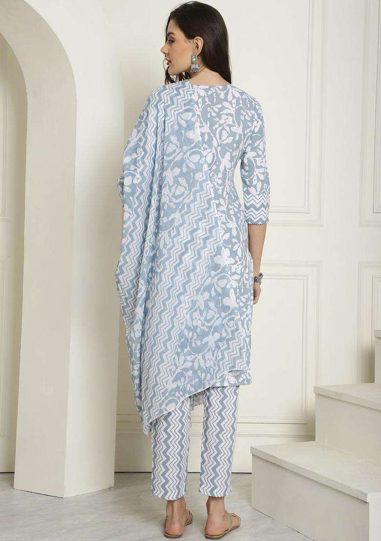 Grey Printed Cotton Kurta Set - Indya