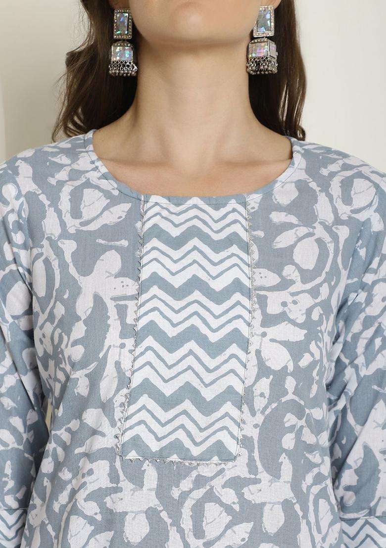 Grey Printed Cotton Kurta Set - Indya