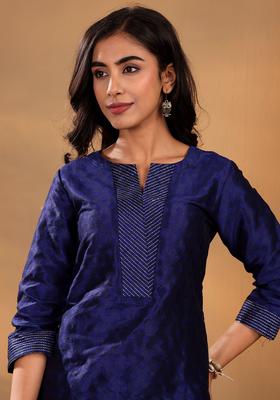 Navy Blue Woven Design Silk Blend Kurta Set