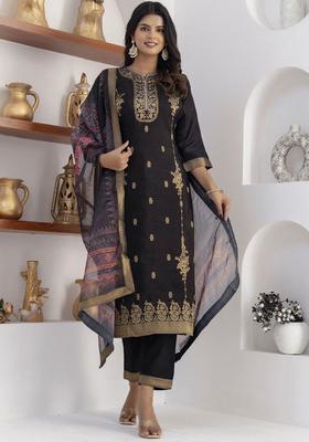 Black Self Design Silk Blend Kurta Set