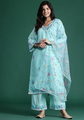 Sea Green Embroidered Silk Blend Kurta Set