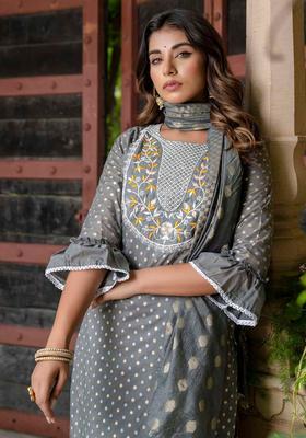 Grey Embroidered Silk Kurta Set