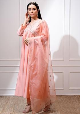 Peach Yoke Design Polyester Kurta Set