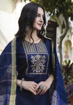 Navy Blue Printed Cotton Kurta Set