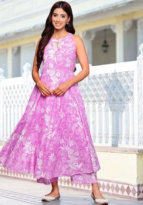 Lavender Printed Cotton Kurta Set