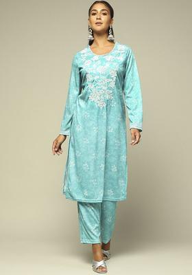 Blue Printed Polyester Kurta Set