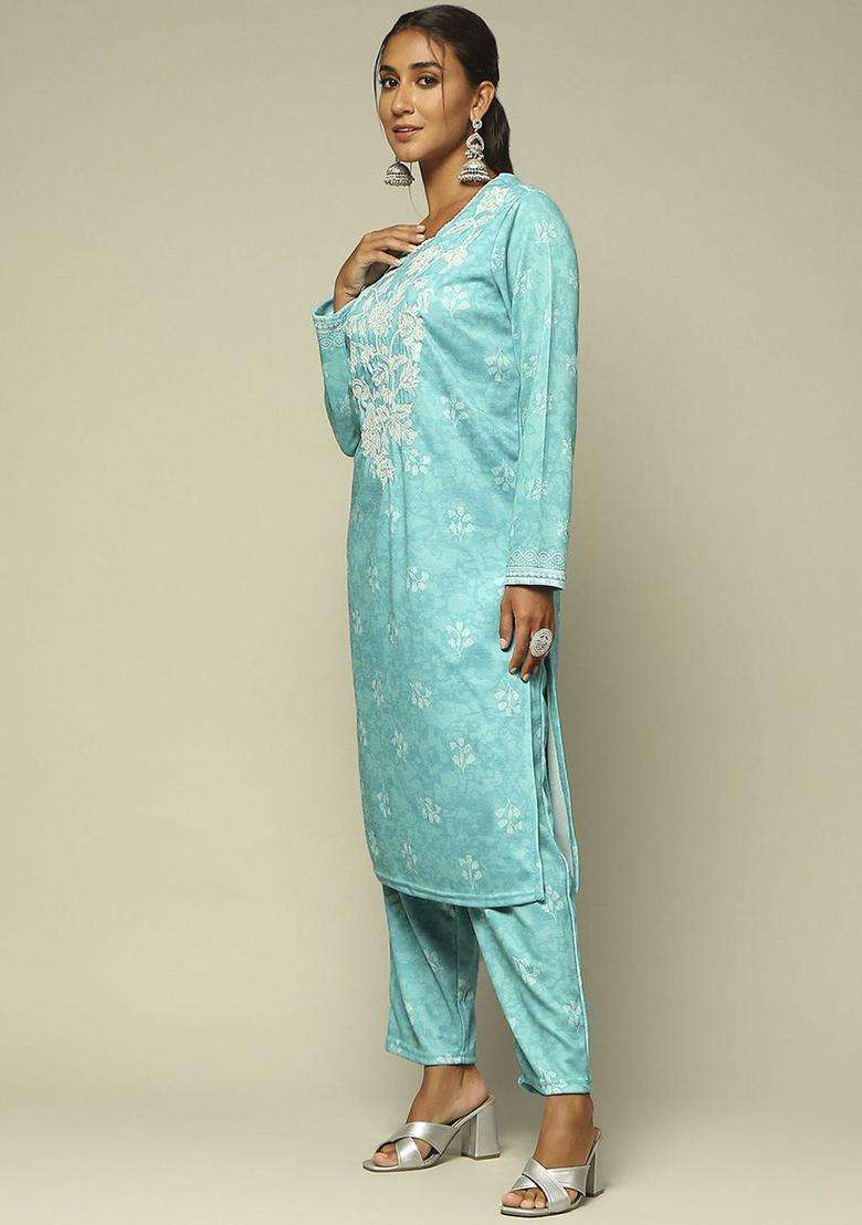 Blue Printed Polyester Kurta Set - Indya