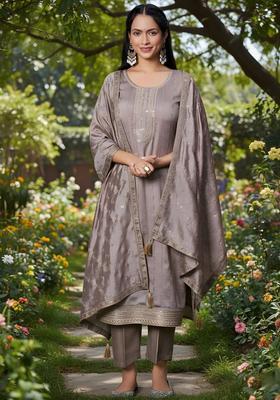 Beige Embroidered Silk Kurta Set