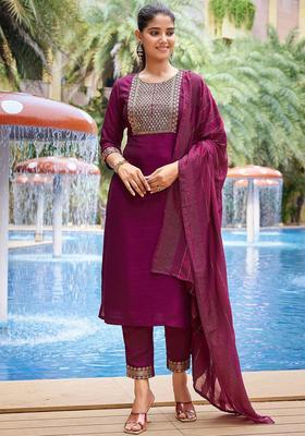 Purple Yoke Design Silk Blend Kurta Set