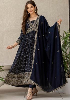 Navy Blue Printed Silk Blend Kurta Set