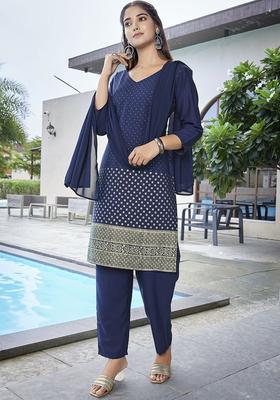Navy Blue Printed Polyester Kurta Set