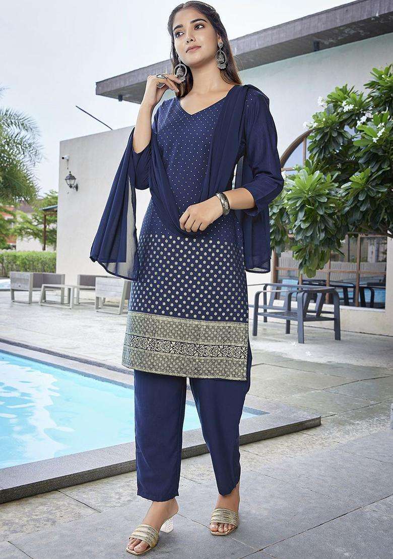 Navy Blue Printed Polyester Kurta Set - Indya