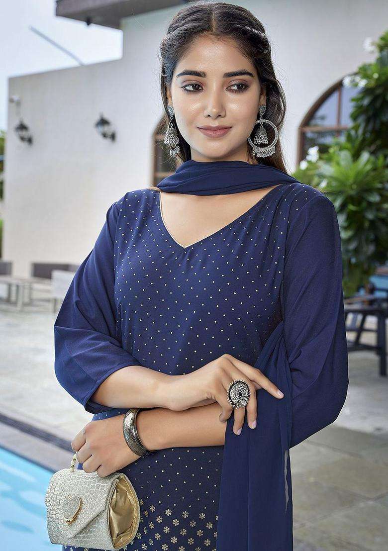 Navy Blue Printed Polyester Kurta Set - Indya