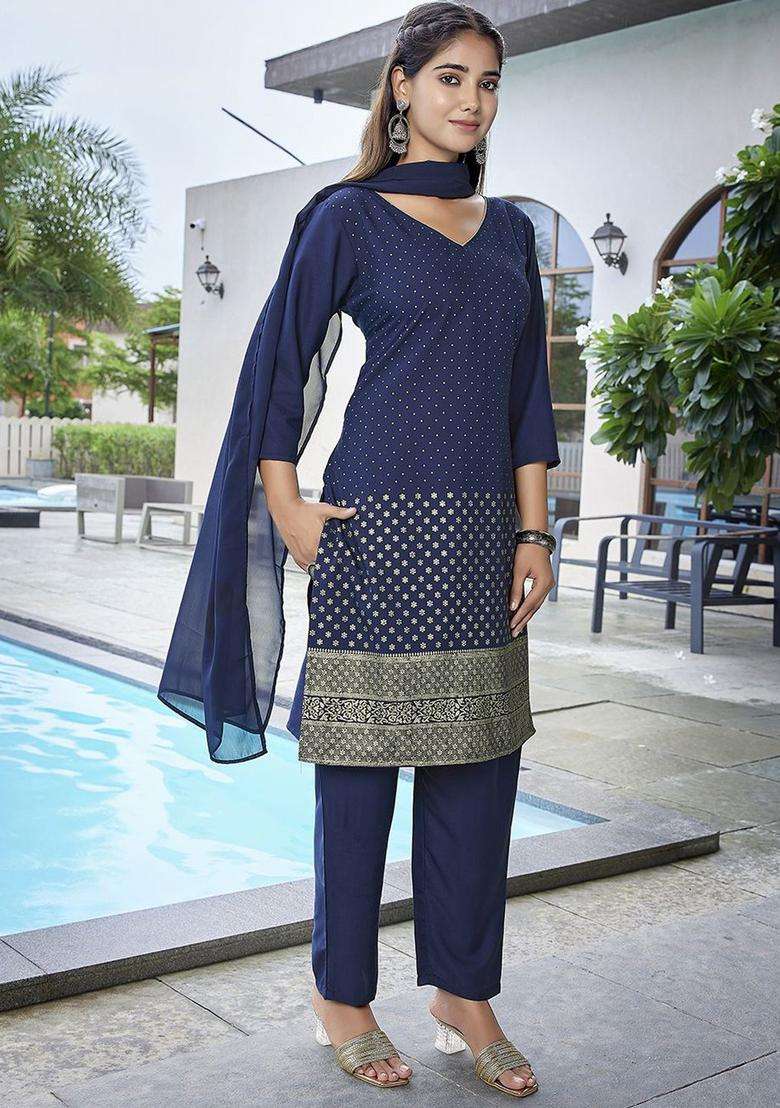 Navy Blue Printed Polyester Kurta Set - Indya