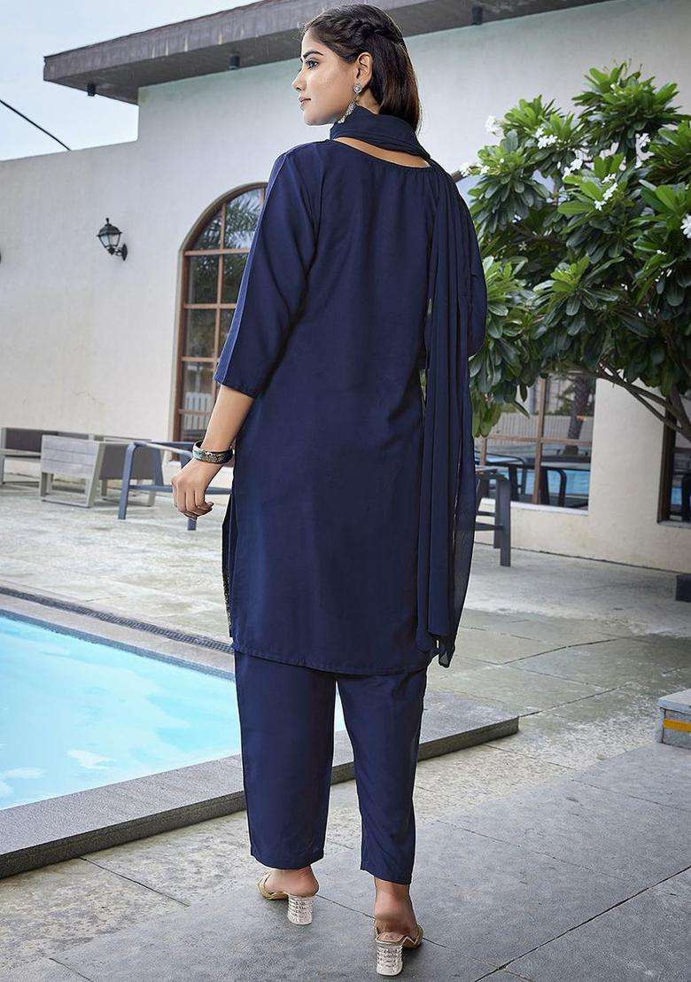 Navy Blue Printed Polyester Kurta Set - Indya
