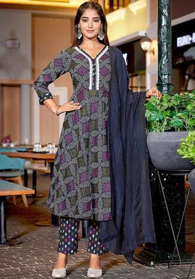 Navy Blue Printed Cotton Kurta Set