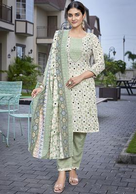 Beige Printed Cotton Kurta Set