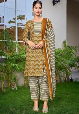 Mustard Printed Cotton Kurta Set