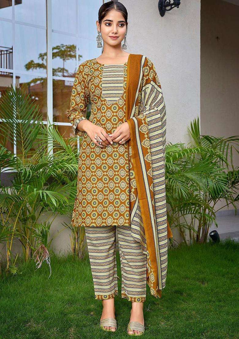 Mustard Printed Cotton Kurta Set - Indya