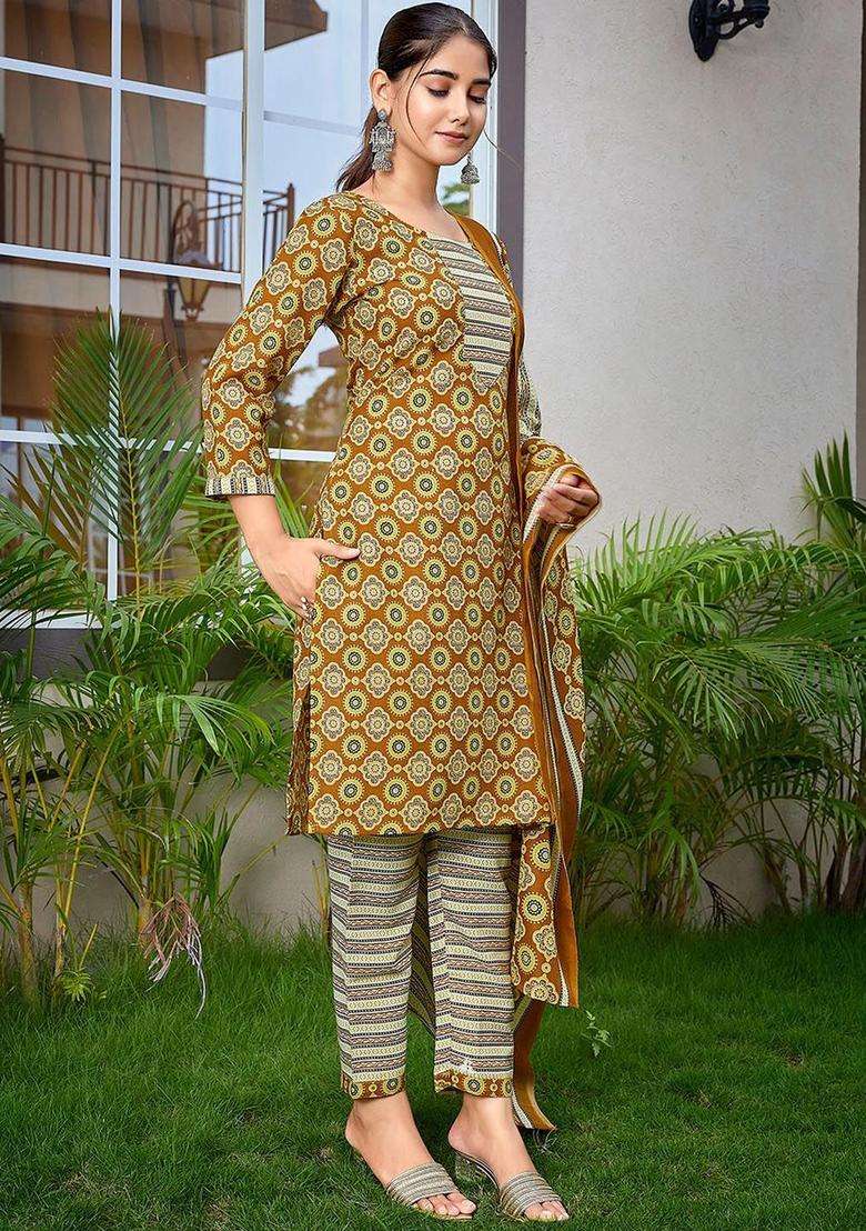 Mustard Printed Cotton Kurta Set - Indya