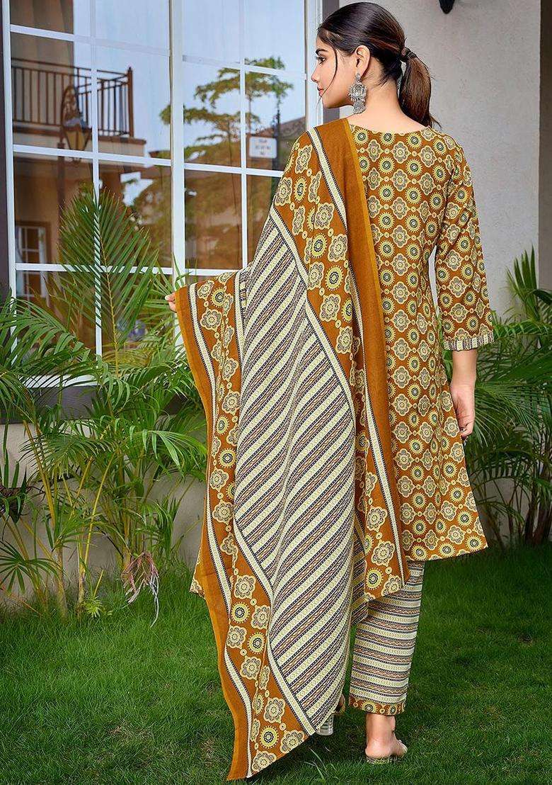 Mustard Printed Cotton Kurta Set - Indya