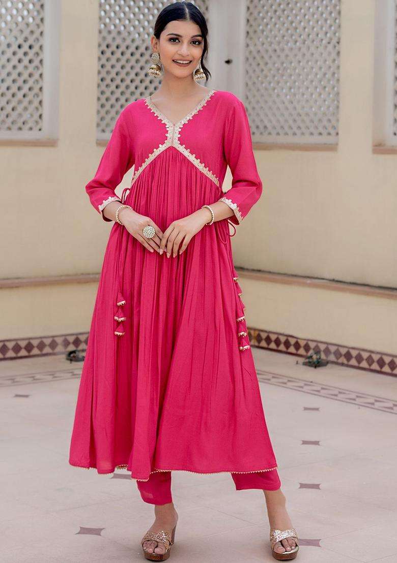 Pink Solid Viscose Anarkali Set - Indya