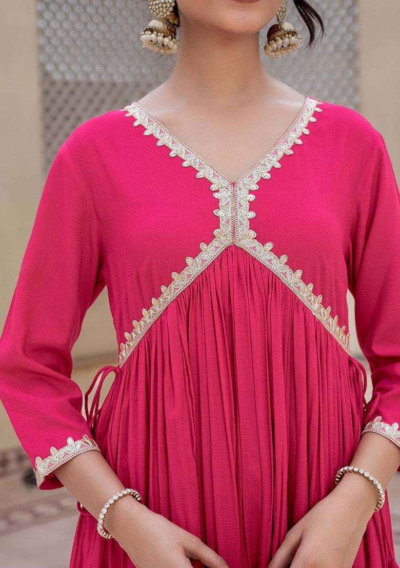 Pink Solid Viscose Anarkali Set - Indya