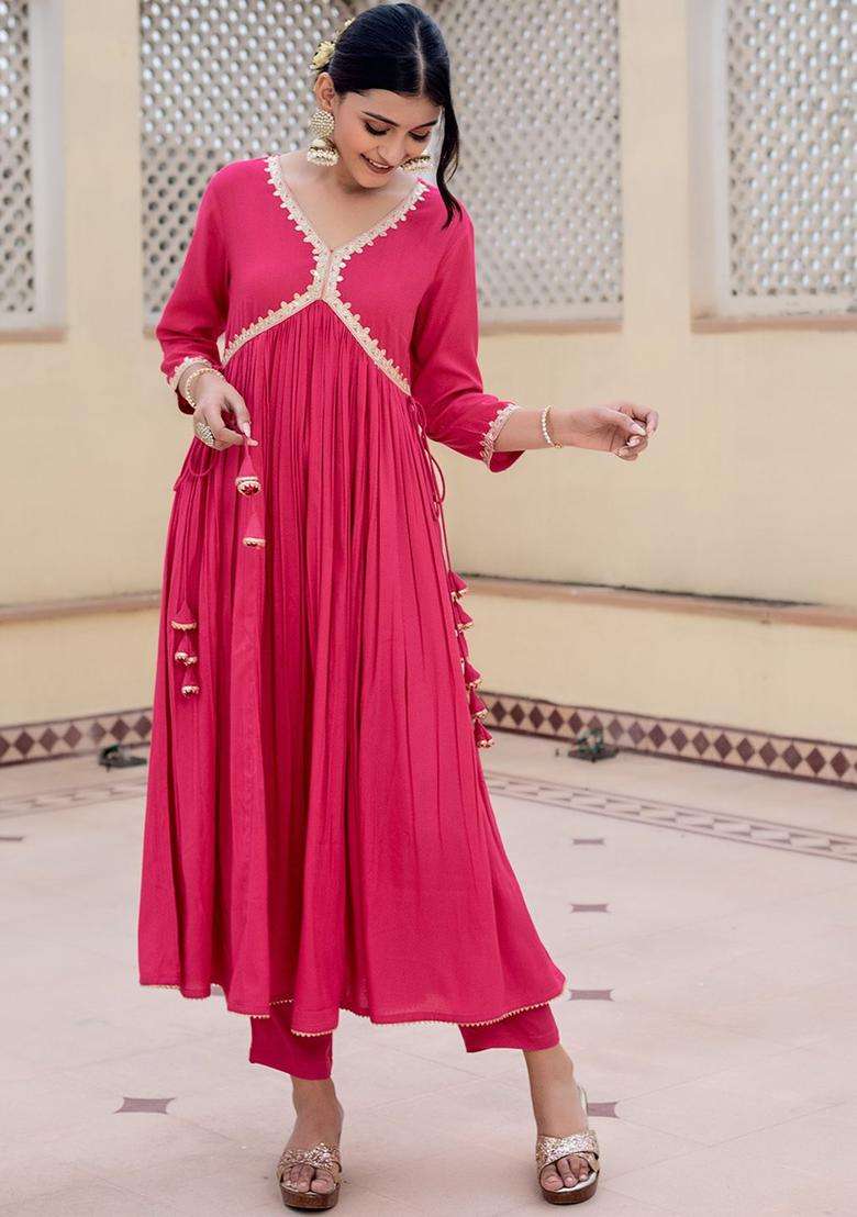 Pink Solid Viscose Anarkali Set - Indya