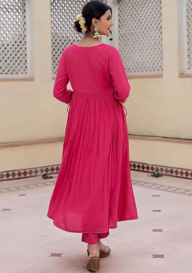 Pink Solid Viscose Anarkali Set - Indya