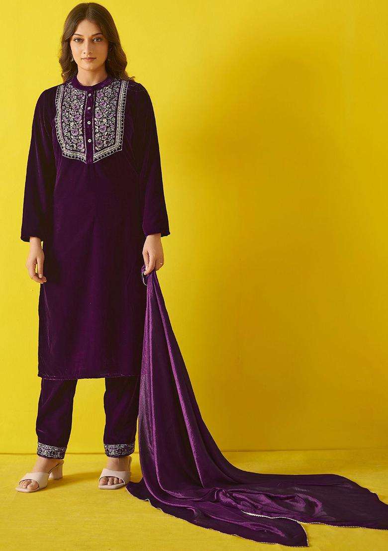 Violet Embroidered Velvet Kurta Set - Indya