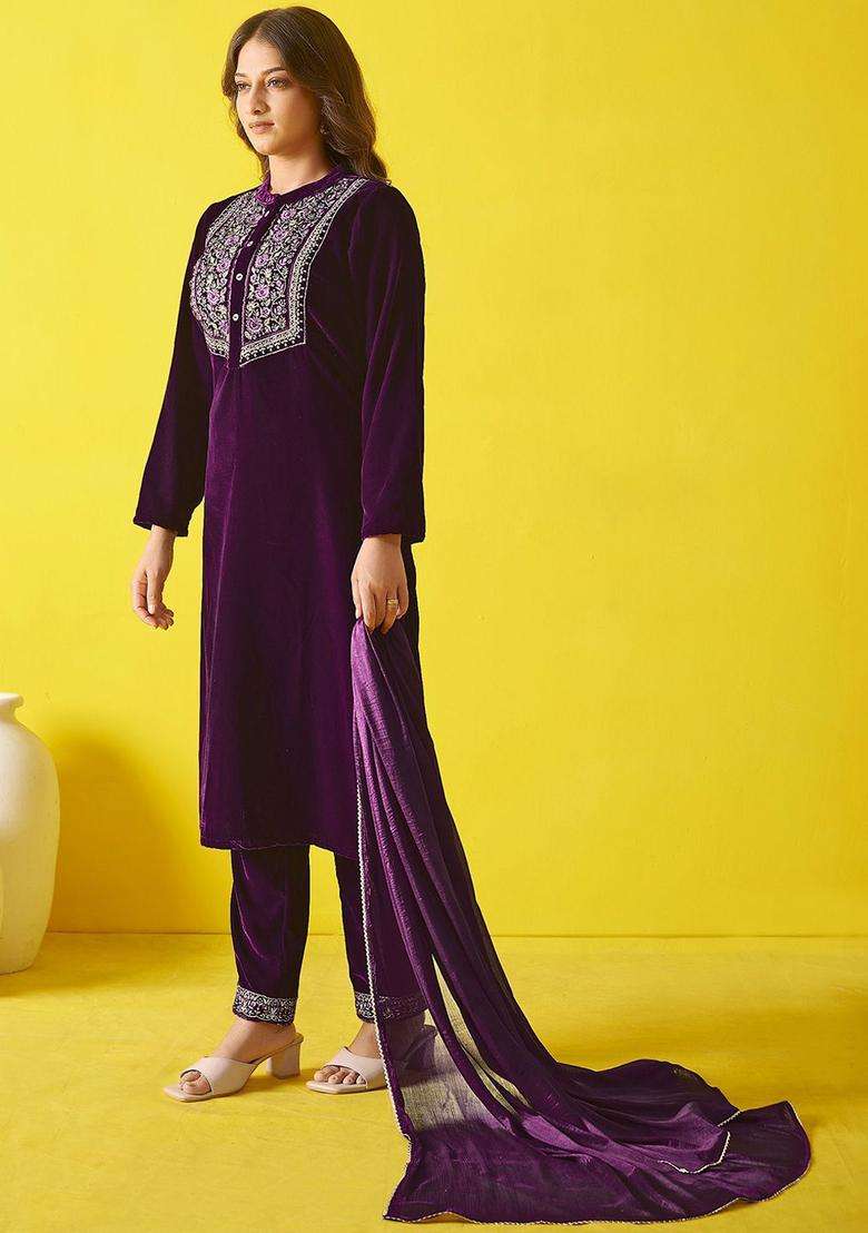 Violet Embroidered Velvet Kurta Set - Indya
