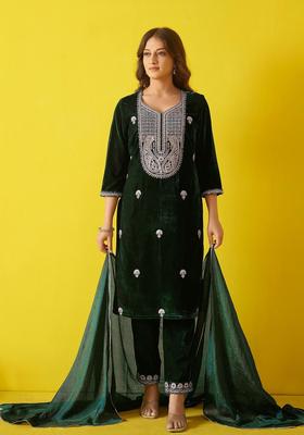 Green Embroidered Velvet Kurta Set