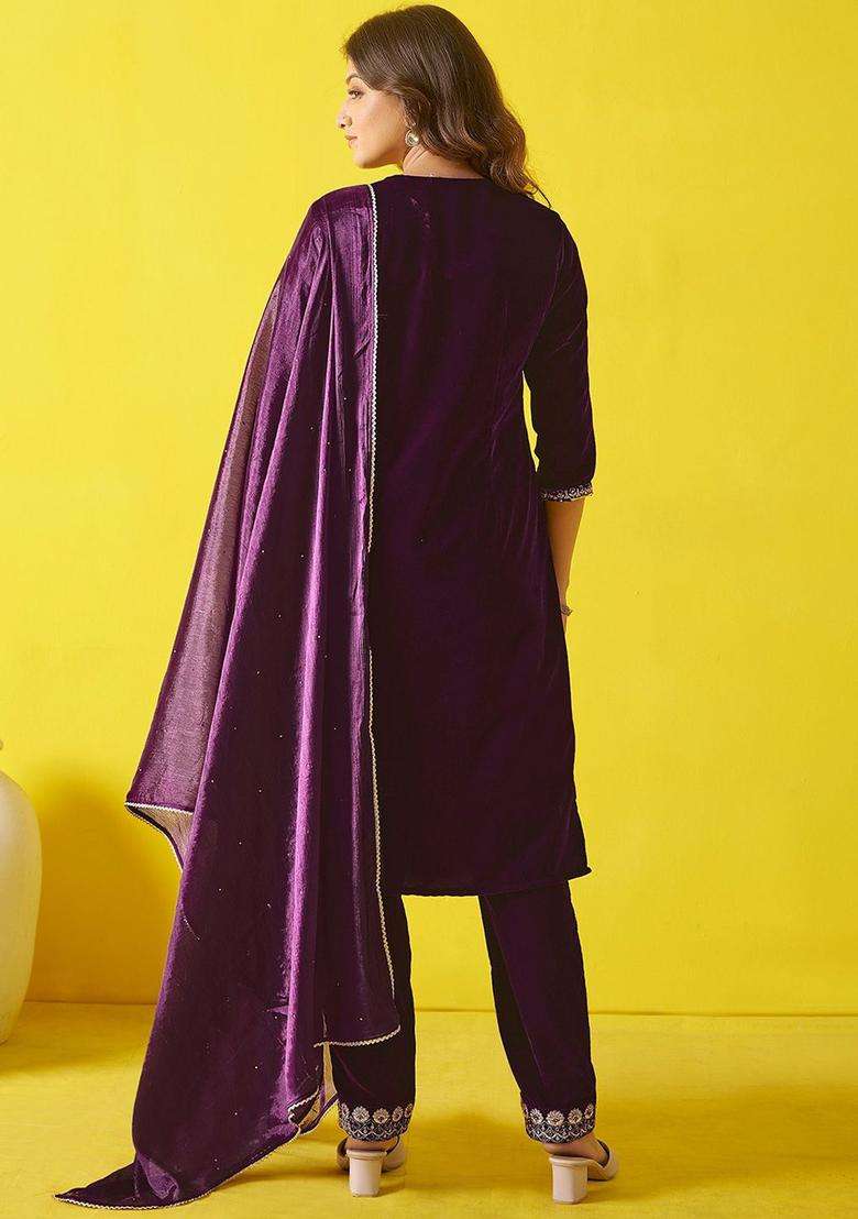 Violet Embroidered Velvet Kurta Set - Indya