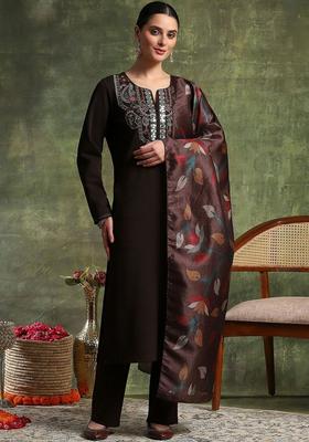 Coffee Brown Yoke Design Wool Blend Kurta Set