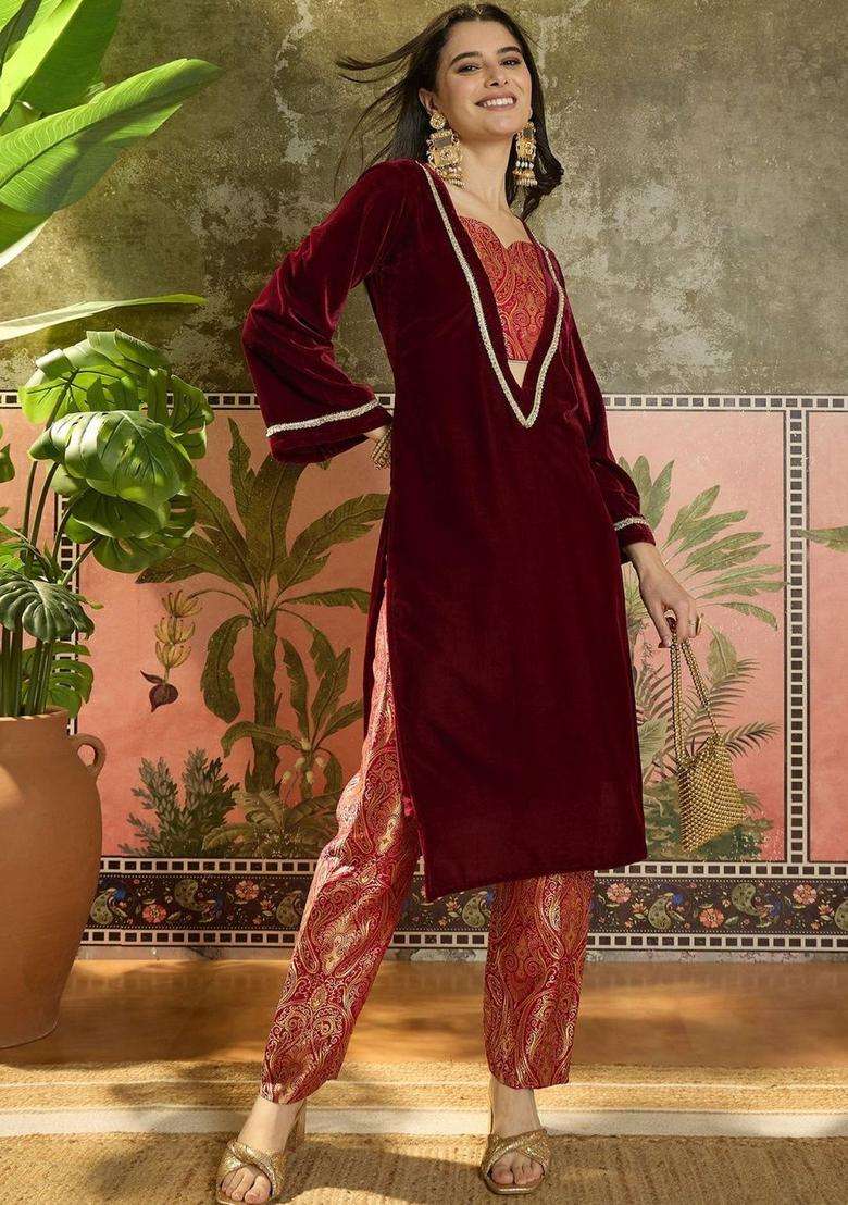 Maroon Solid Velvet Kurta Set - Indya