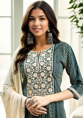 Green Striped Cotton Kurta Set