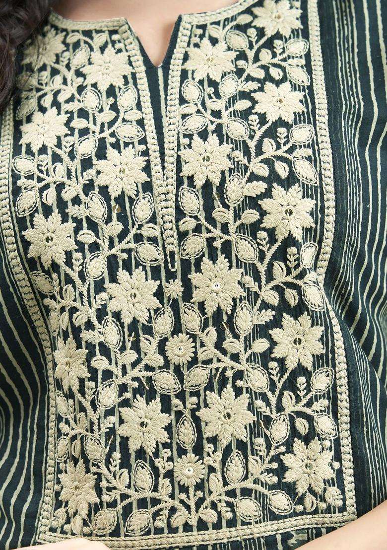 Green Striped Cotton Kurta Set - Indya