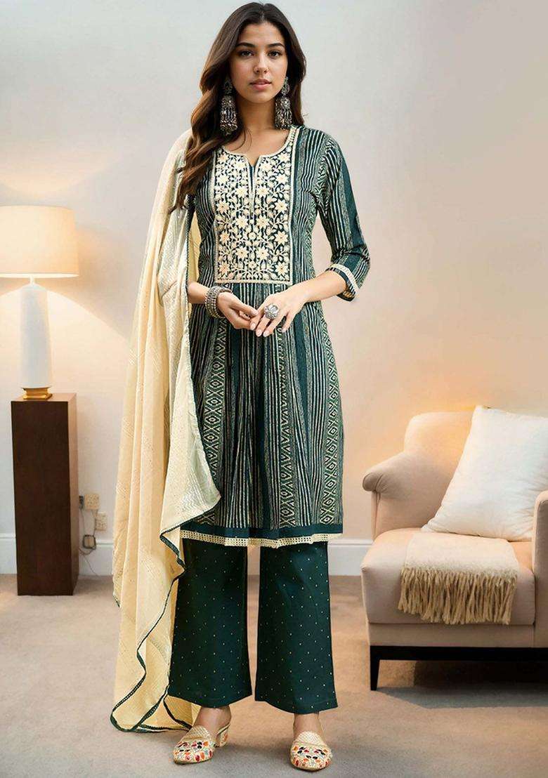 Green Striped Cotton Kurta Set - Indya