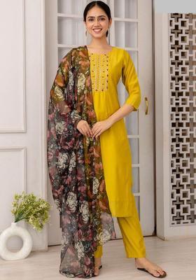 Mustard Embroidered Viscose Kurta Set