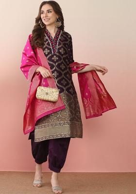 Purple Woven Design Silk Blend Kurta Set